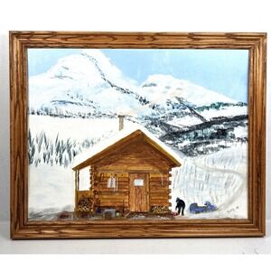 Vtg Original Painting Winter Snowy Cabin in Mountains 16" x 20" Signed Framed